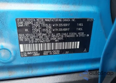 2021 Toyota Rav4 Le z USA, uszkodzony, nr VIN 2T3F1RFV1MW221607